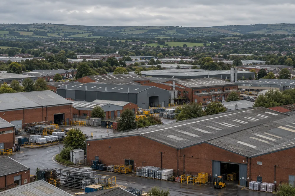 Industrial buildings and service yards in a West Yorkshire setting
