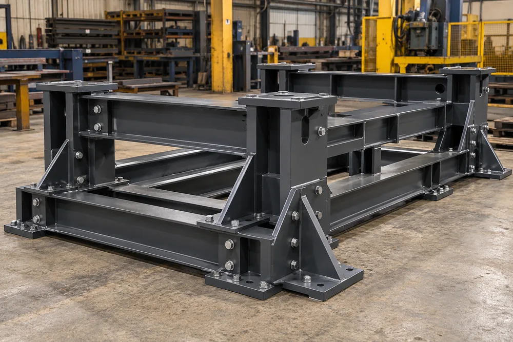 Purpose-made steel machine support frame with gusset plates and bolted connections