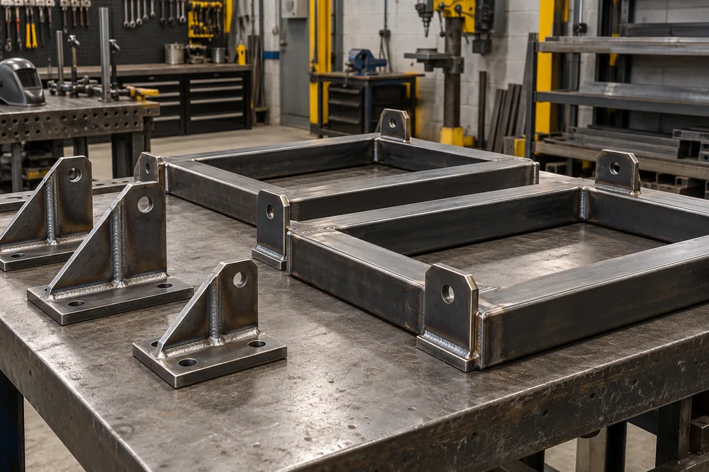 Welded steel brackets and fabricated frames on a workshop bench