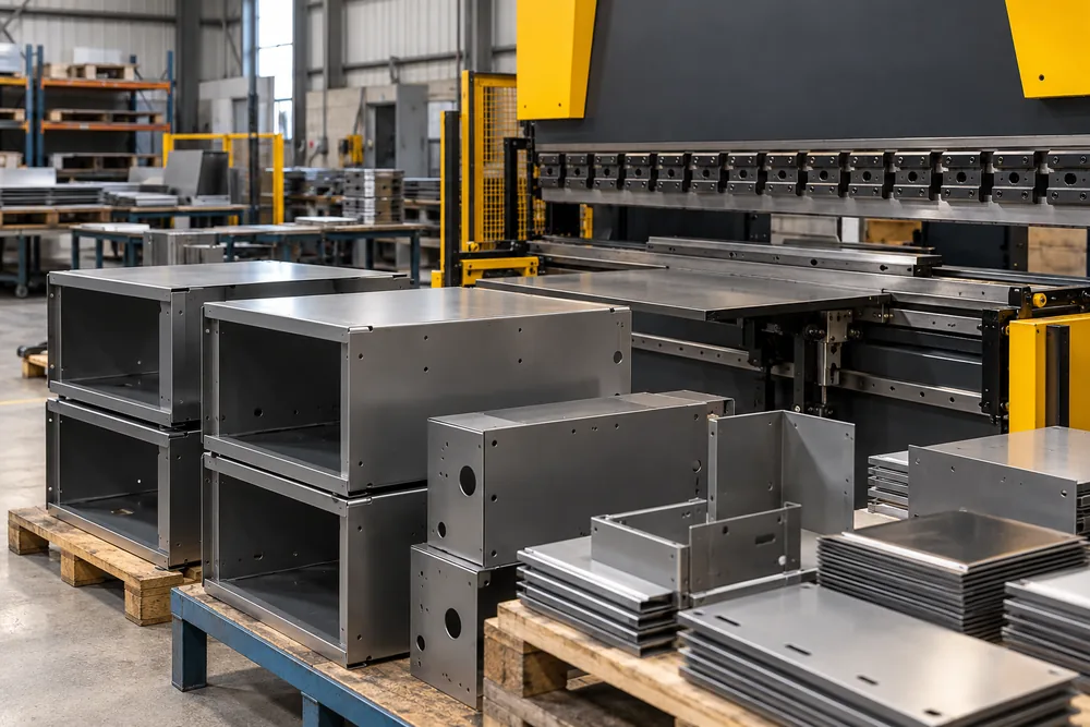 Folded metal panels and enclosures beside an industrial press brake