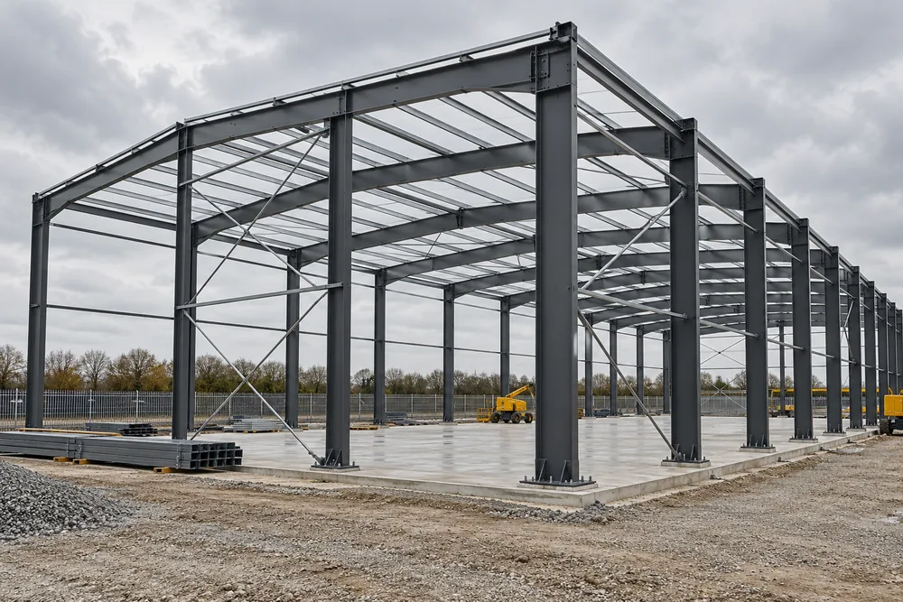 Braced structural steel frame at a commercial construction site