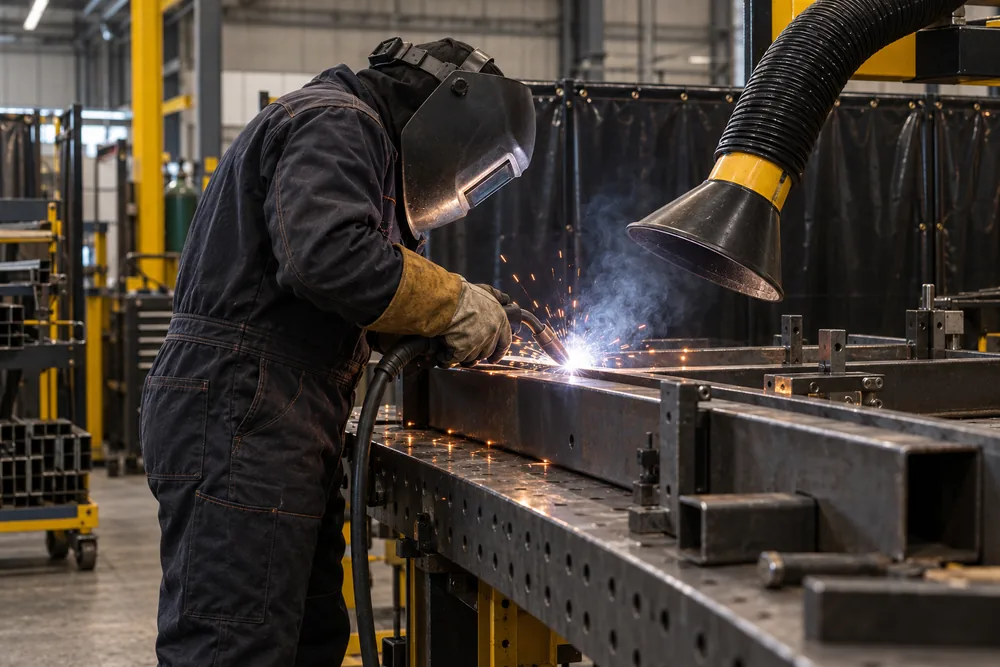 Welder in full protective equipment using extraction at a steel fabrication bench